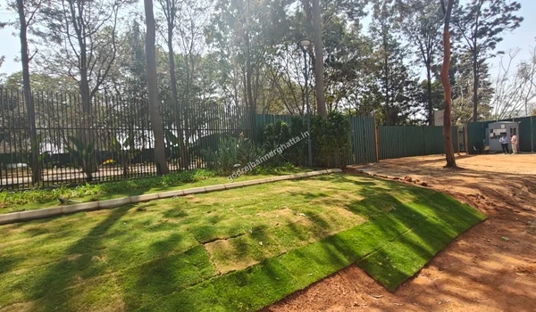 Freshly laid lawn and landscaping work in progress at the site entrance